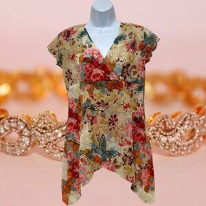 Vanity-Women's Medium Top Pullover V-Neck Butterfly & Floral Design-Light Weight